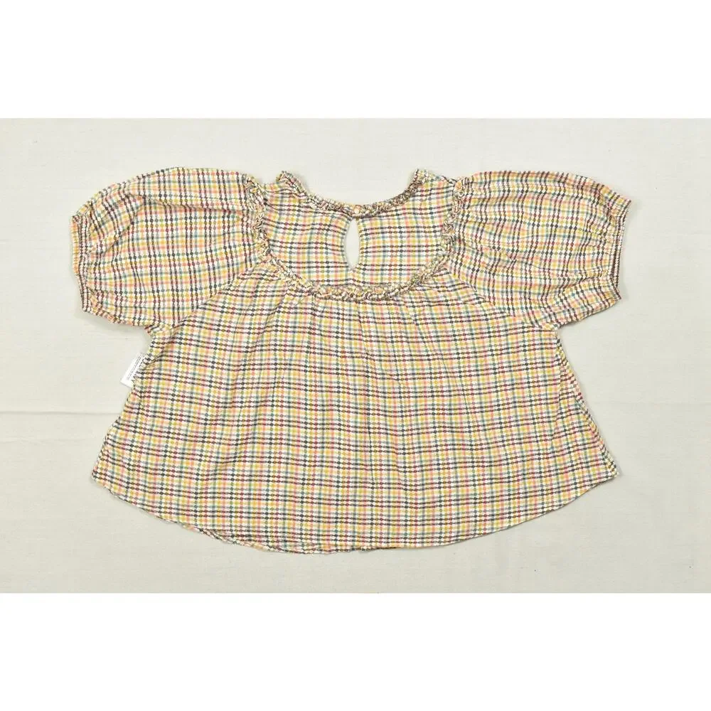 Old Navy Womens 3X Top Multicolor Gingham Plaid Cotton Keyhole Back Puff Sleeve